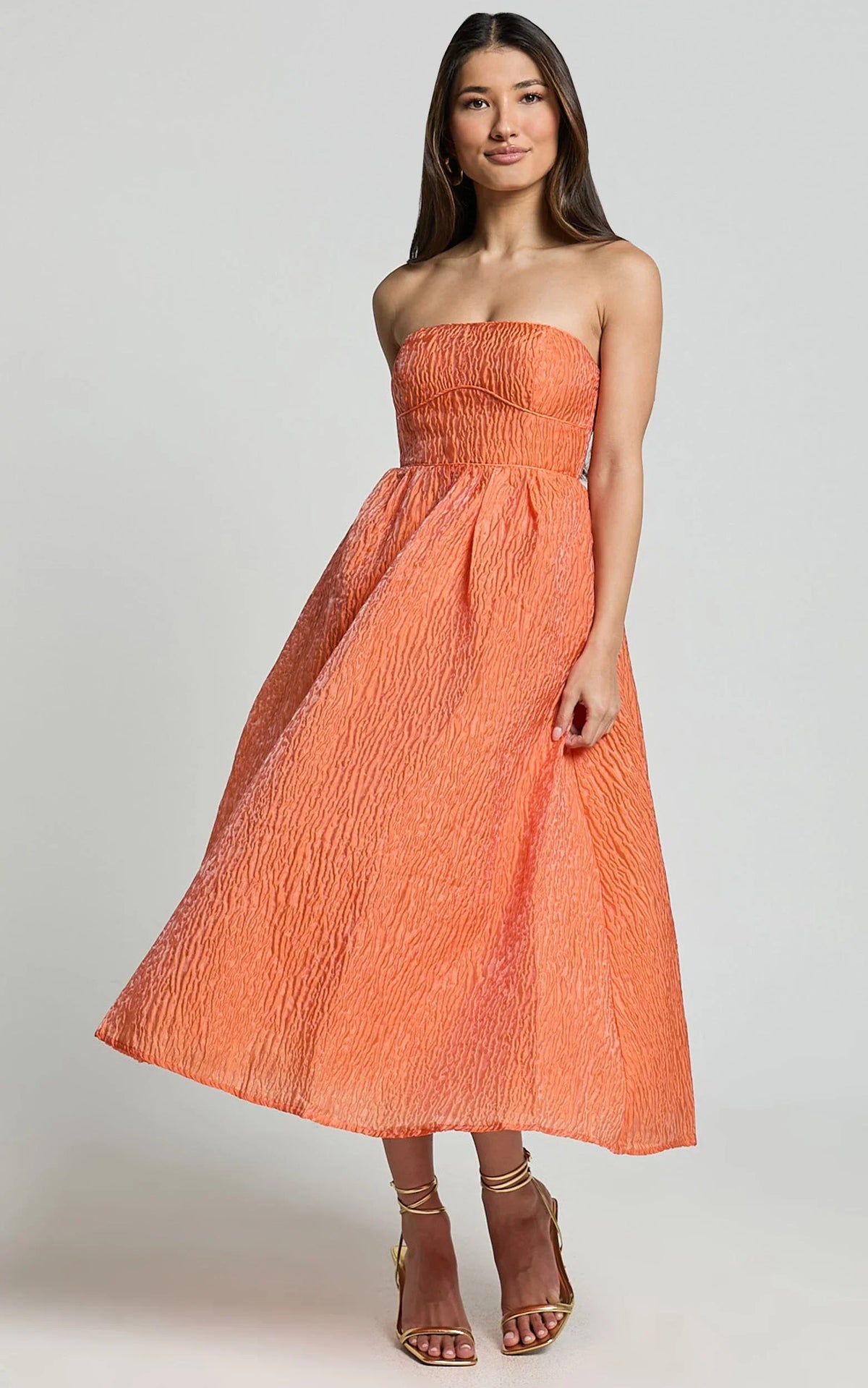 Remy Midi Dress - Strapless Bustier Flare Dress in Orange