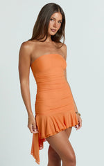 Haylee Mini Dress - Mesh Strapless Drop Waist Dress in Orange