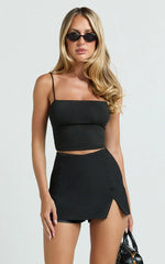Larah Mini Skort - Mid Rise Leg Split Fitted Skort in Black