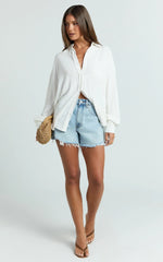 Leanne Top - Button Down Linen Blend Long Sleeve Shirt in White