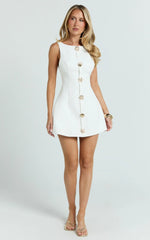 Izzy Mini Dress - Gold Trims Feature Tulip Skirt Dress in White