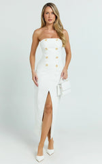 Carson Midi Dress - Strapless Double Breasted Wrap Fitted Dress in Off White