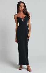 Felicity Midi Dress - Plunge Diamante Detail Dress in Black
