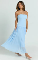 Cherie Midi Dress - Strapless Drop Waist Dress in Blue