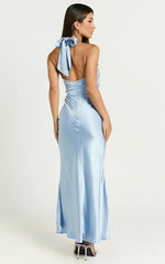 Rhianne Midi Dress - Twist Halter Neck Open Back Satin Dress in Light Blue