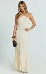 Rhea Maxi Dress - Lace Ruffle Halter A Line Godet Dress in Cream