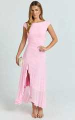 Judee Midi Dress - One Shoulder High Side Split Dress in Pink