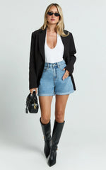 Cristiana Shorts - High Waisted Cuffed Denim in Blue