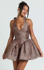 Georgine Mini Dress - Leopard Print Halter Deep V Fit And Flare Dress in Leopard Luxe