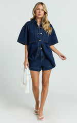 Rhianna Top - Oversized Recycled Denim Short Sleeve Shirt in Indigo Wash