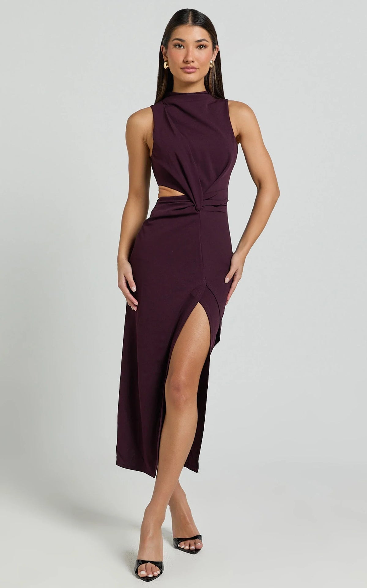 Millie Midi Dress - Front Twist Cut Out Thigh Split Dress in Wine