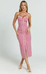 Anessa Midi Dress - Button Front Bustier Fitted Dress in Red Gingham