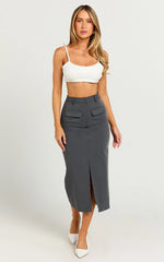 Brylee Midi Skirt - High Waisted Front Split Skirt in Charcoal