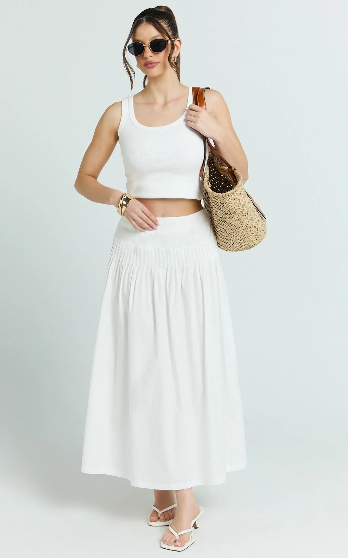 Auburn Maxi Skirt - Poplin Pintucked A Line Skirt in Ivory