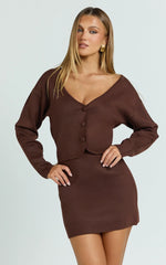 Charisse Two Piece Top and Skirt Set - Knit Cardigan And Mini Skirt in Chocolate
