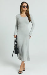 Blaire Midi Dress - Long Sleeve Tie Back Flare Dress in Grey Marle