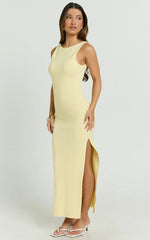 Perrie Midi Dress - High Neck Sleeveless Scoop Back Fitted Leg Split Skirt Dress in Lemon