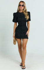 Laila Mini Linen Blend Dress - High Neck Side Cut Out Puff Sleeve Straight Dress in Black