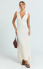 Kara Maxi Dress - Sleeveless Collared V Neck Knit Dress in Cream