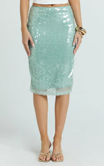 Katelyn Knee Length Skirt - Low Waisted Sheer Sequin Skirt in Teal
