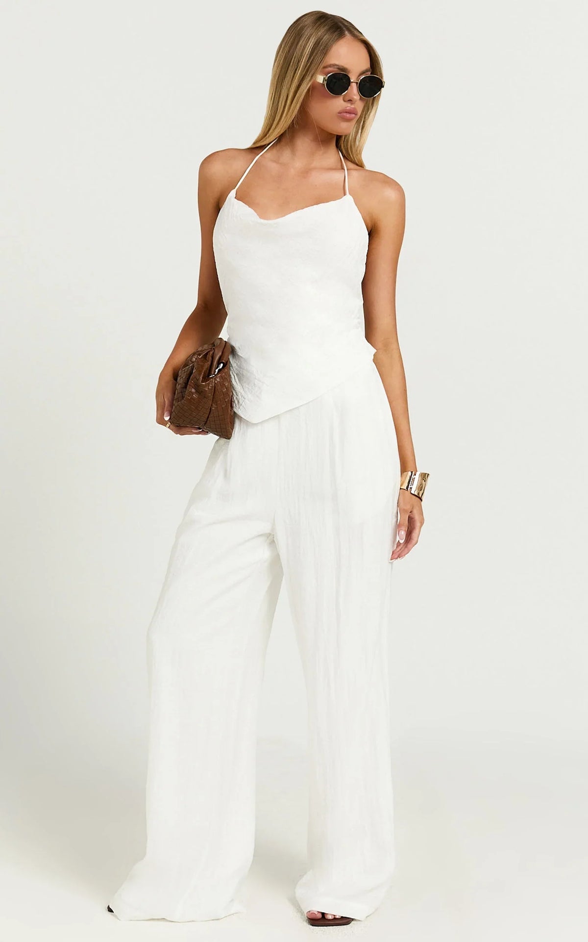 Hilda Pants - High Waisted Linen Look Palazzo Pants in White