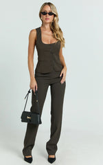 Lorena Pants - Low Rise Slim Straight Leg Pants in Dark Brown