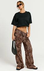 Lopez Linen Blend Pants - Elasticated Straight Leg Pants in Tonal Leopard Print