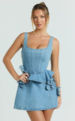 Delia Mini Dress - Denim Fit And Flare Dress in Light Blue Wash
