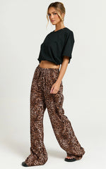 Lopez Linen Blend Pants - Elasticated Straight Leg Pants in Tonal Leopard Print