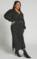 Donelli Midi Dress - Plisse Oversized Collared Shirt Dress in Black