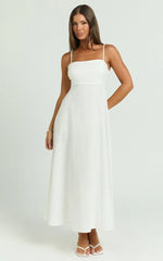 Brette Midi Dress - Linen Straight Neck Strappy Fit And Flare Dress in White
