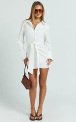 Duncan Mini Dress - Long Sleeve Tie Waist Shirt Dress in White