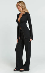 Kelsey Top - Button Through Long Sleeve Knitted Top in Black