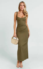 Benita Midi Dress - Scoop Neck Ruched Fitted Dress in Olive