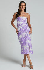 Brailey Midi Dress - Thigh Split Strapless Dress in Purple Jacquard