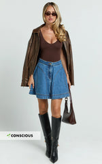 Koemi Skirt - High Waisted Denim Flare in Mid Blue Wash