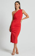 Monette Midi Dress - One Shoulder Straight Dress in Orange Red