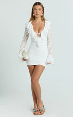 Fabienne Mini Dress - Ruffle Neck Long Sleeve Dress in White