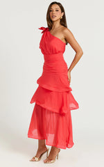 Eugenia Midi Dress - One Shoulder Fit and Flare Layered Dress in Red