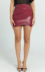 Ashlyn Mini Skirt - Faux Leather Overlap Skirt in Wine