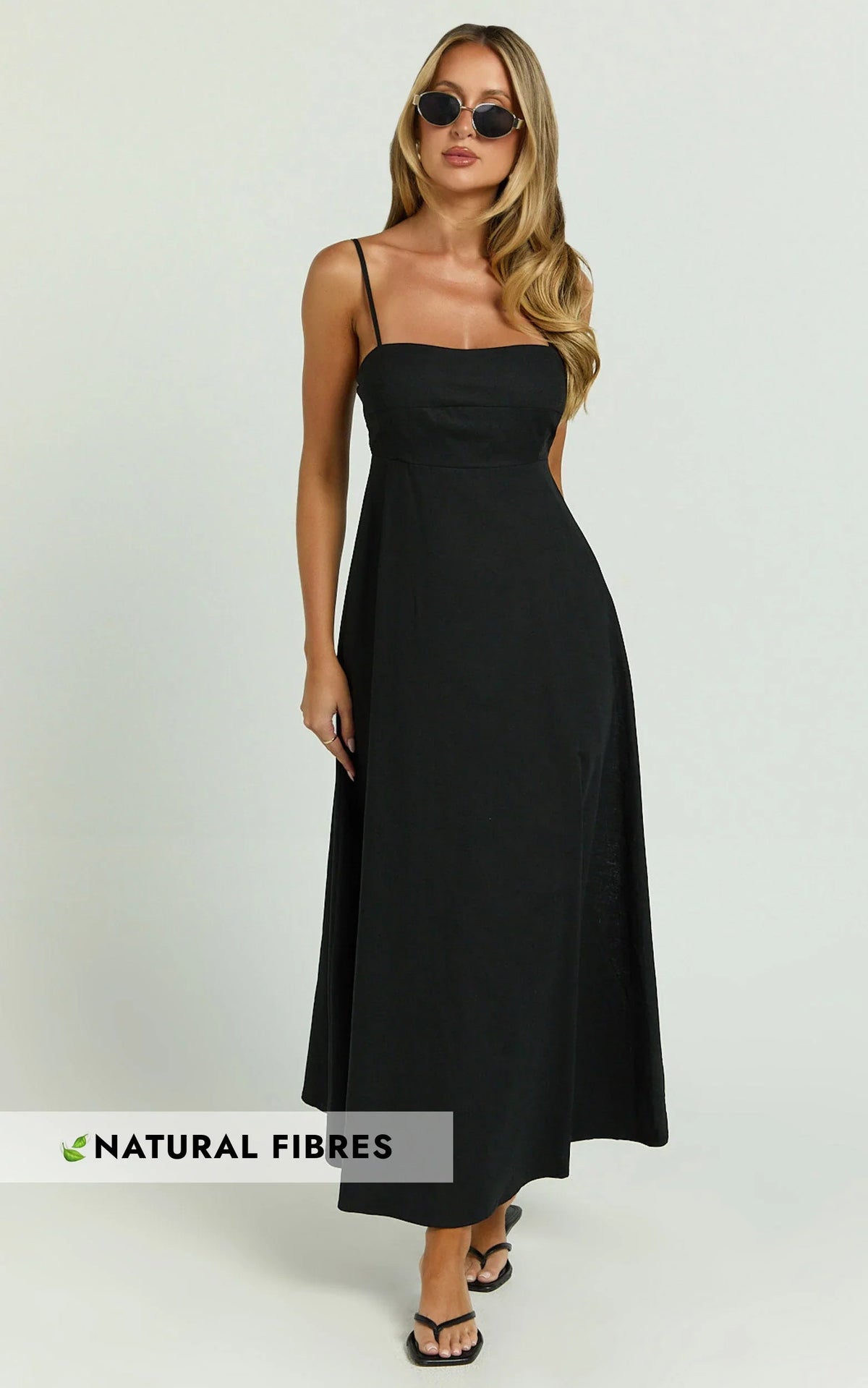 Brette Midi Dress - Linen Straight Neck Strappy Fit And Flare Dress in Black