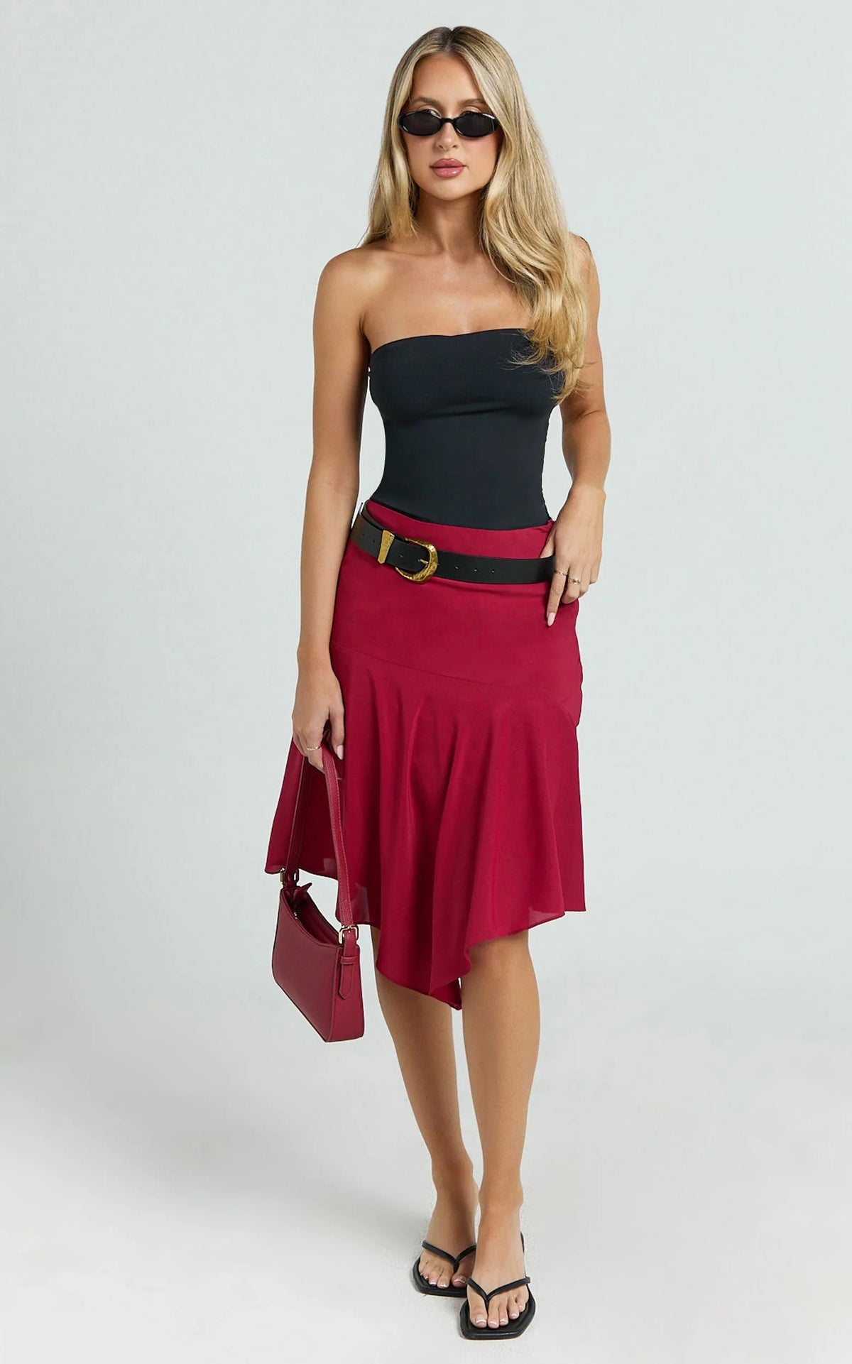 Clare Midi Skirt - Mid Waisted Asymmetric Bias Cut Slip Skirt in Cherry Red