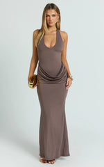 Heath Maxi Dress - Scoop Halter Neck With Drape Front Skirt Back Split Dress in Brown