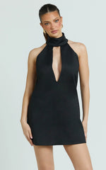 Polly Mini Dress - High Neck Keyhole Shift Dress in Black