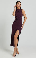 Millie Midi Dress - Front Twist Cut Out Thigh Split Dress in Wine