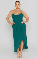Andrina Midi Dress - High Low Wrap Corset Dress in Forest Green