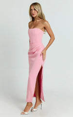 Avery Midi Dress - Strapless Draped Side Split Dress in Pink