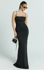 Edna Maxi Dress - Straight Neck A Line Maxi Dress in Black