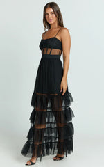Evelynn Midi Dress - Sweetheart Corset Bodice Fit & Flare Tiered in Black