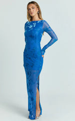 Inez Maxi Dress - Boat Neck Long Sleeve Ruched Dress in Blue